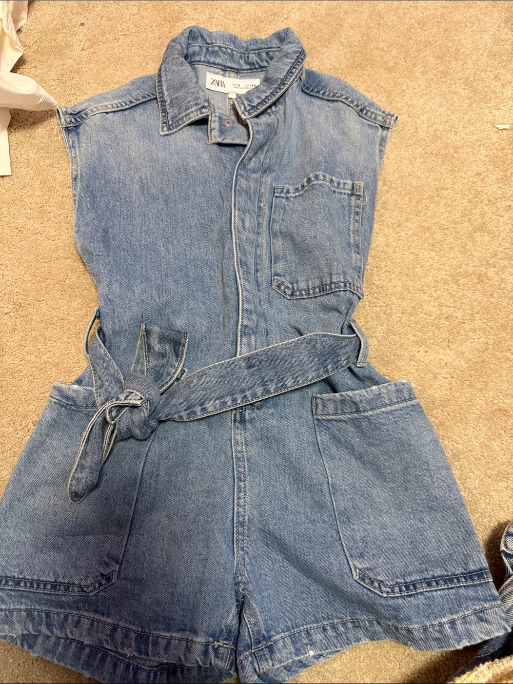 Zara Denim Sleeveless One-Piece Romper in Light Blue with Waist Tie